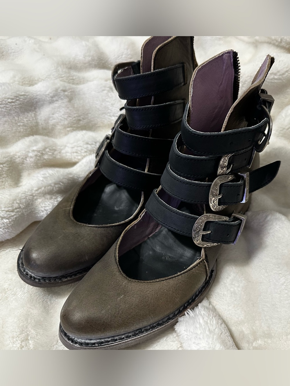 Freebird Scarlett Olive Ankle Heeled Boots with Black Buckle Straps